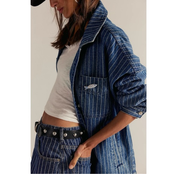 Free People Madison City Pinstripe Denim Jacket Indigo City Stripe Large NWT - Picture 3 of 13